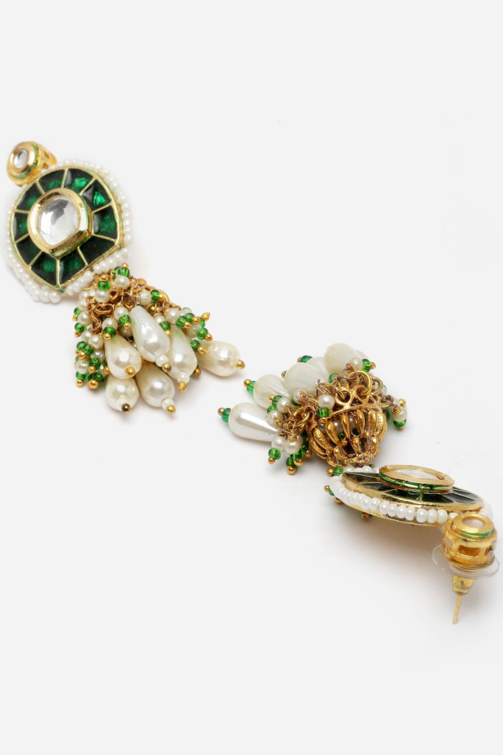 Green And Gold Jhumkas Earring With Kundan And Pearls