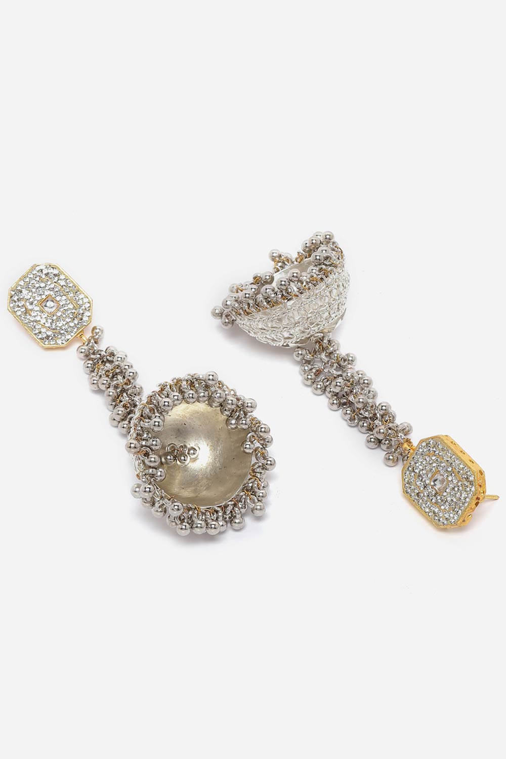 Silver And Gold Jhumkas Earring With American Diamonds And Pearls