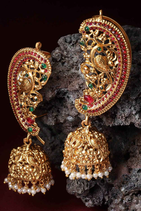 Red And Gold Jhumkas Earring With Pearls And Natural Stones