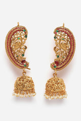 Red And Gold Jhumkas Earring With Pearls And Natural Stones