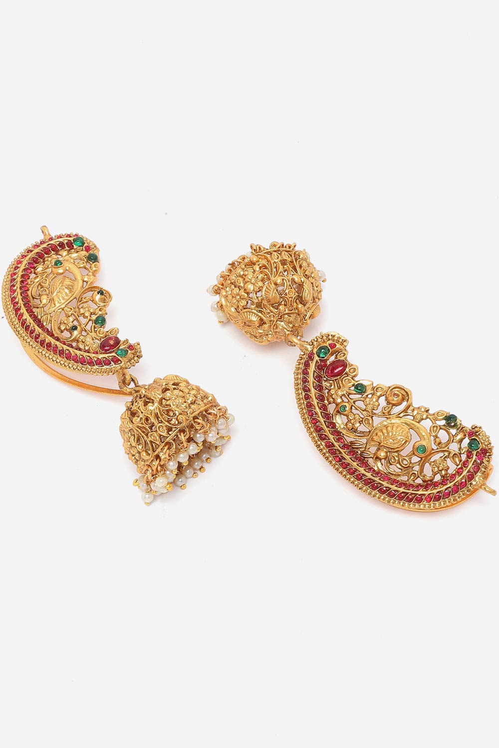 Red And Gold Jhumkas Earring With Pearls And Natural Stones