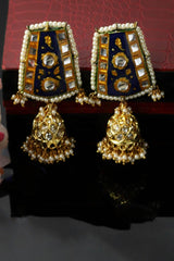 Blue And Yellow Jhumkas Earring With Kundan And Pearls