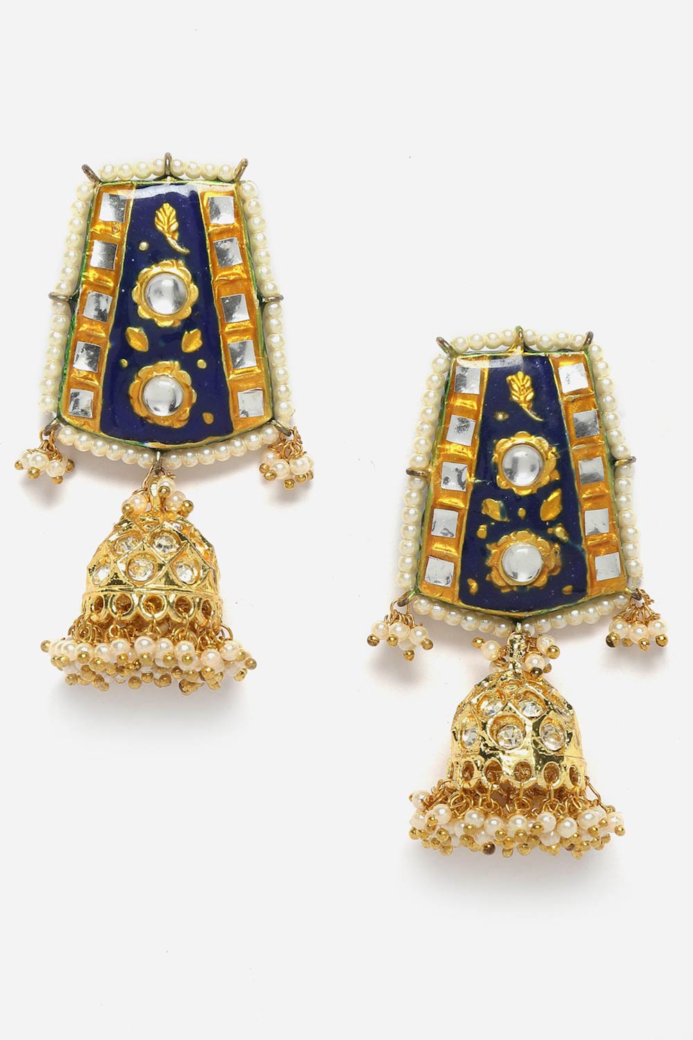 Blue And Yellow Jhumkas Earring With Kundan And Pearls