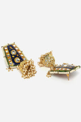 Blue And Yellow Jhumkas Earring With Kundan And Pearls