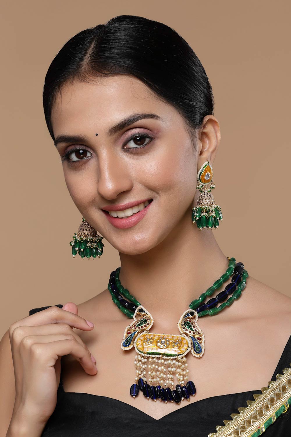 Yellow And Green Jhumkas Earring With Kundan And Pearls