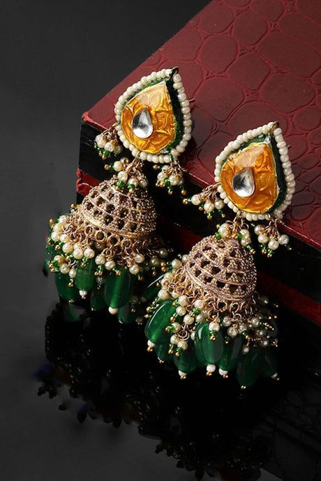 Yellow And Green Jhumkas Earring With Kundan And Pearls