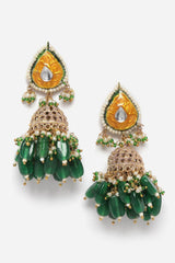 Yellow And Green Jhumkas Earring With Kundan And Pearls