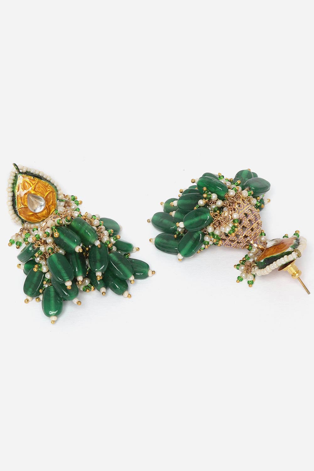 Yellow And Green Jhumkas Earring With Kundan And Pearls