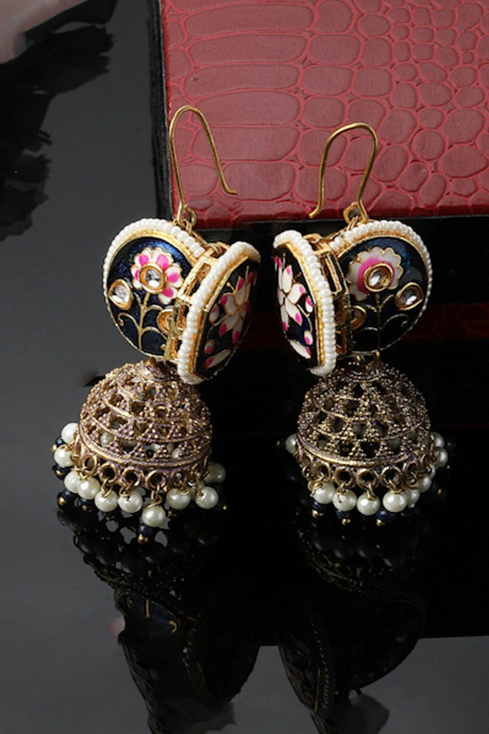 Blue And Pink Jhumkas Earring With Kundan And Pearls