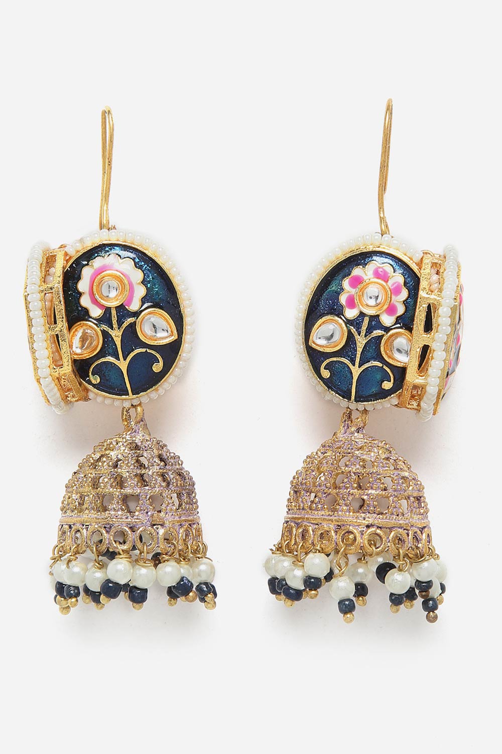 Blue And Pink Jhumkas Earring With Kundan And Pearls