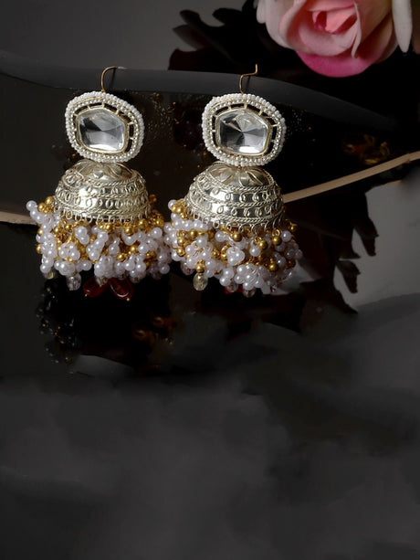 Silver And Red Jhumkas Earring With Kundan And American Diamonds