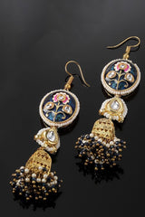 Blue And Gold Jhumkas Earring With Kundan And Pearls