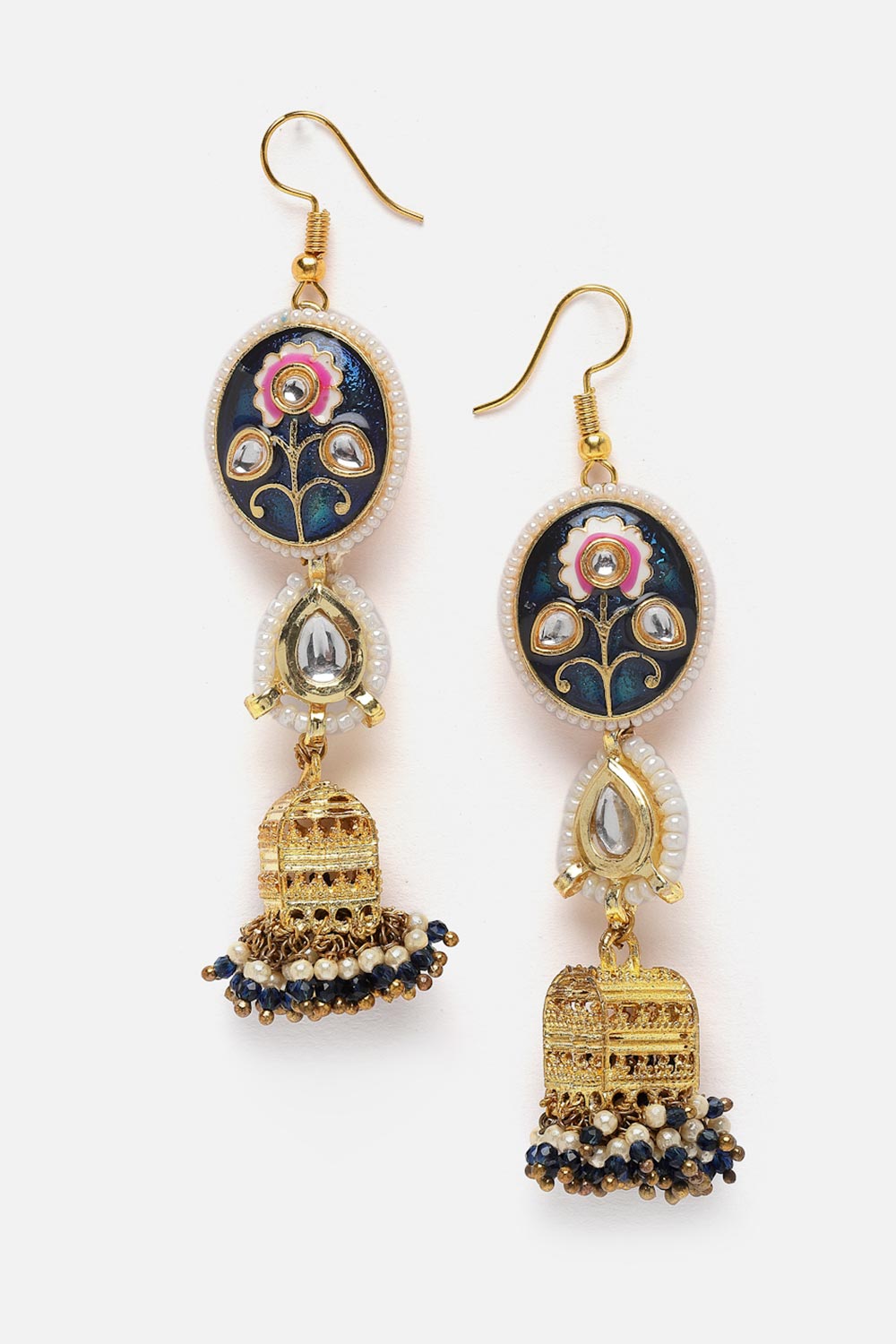 Blue And Gold Jhumkas Earring With Kundan And Pearls