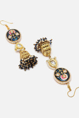 Blue And Gold Jhumkas Earring With Kundan And Pearls