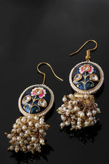 Blue And Gold Jhumkas Earring With Kundan And Pearls