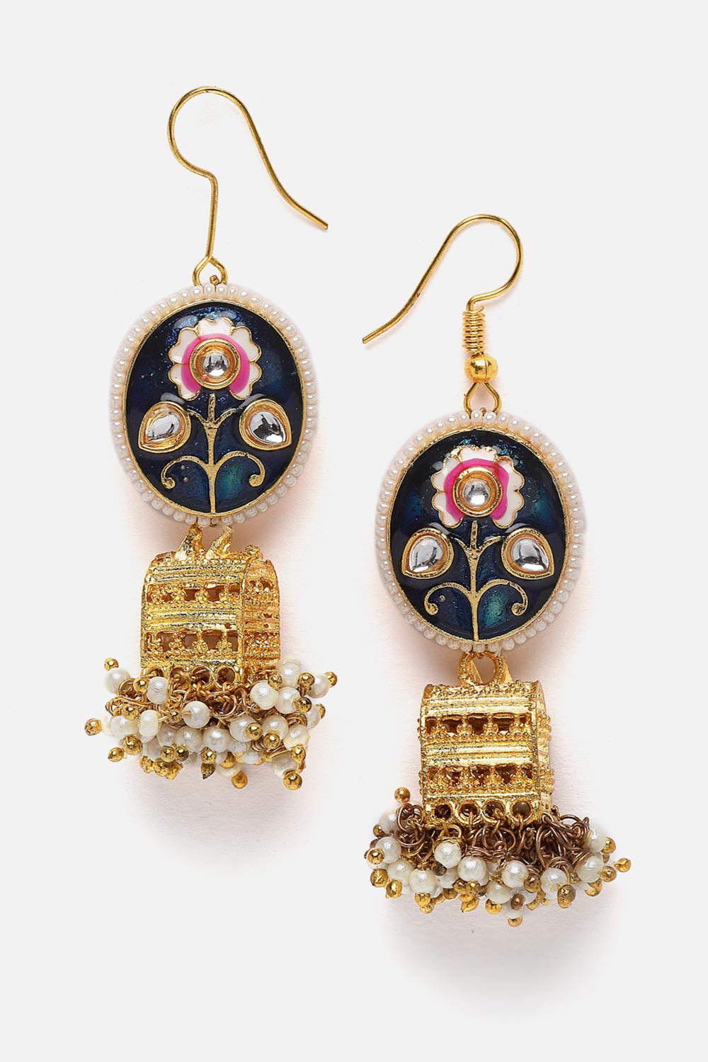 Blue And Gold Jhumkas Earring With Kundan And Pearls