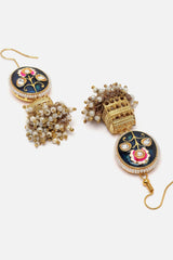 Blue And Gold Jhumkas Earring With Kundan And Pearls