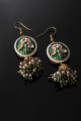 Green And Gold Jhumkas Earring With Kundan And Pearls