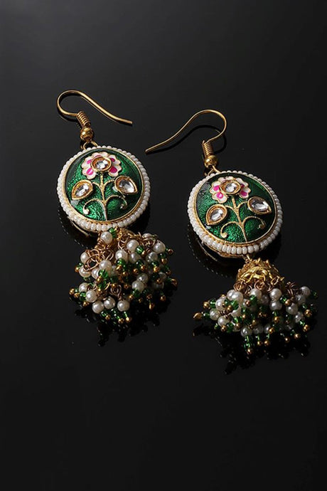 Green And Gold Jhumkas Earring With Kundan And Pearls