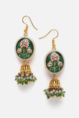 Green And Gold Jhumkas Earring With Kundan And Pearls