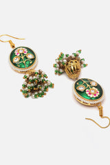 Green And Gold Jhumkas Earring With Kundan And Pearls