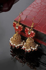 Red And Gold Jhumkas Earring With Kundan And Pearls