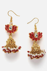 Red And Gold Jhumkas Earring With Kundan And Pearls