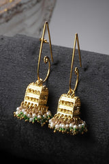 Green And Gold Jhumkas Earring With Pearls And Natural Stones