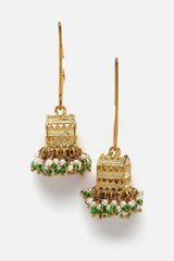 Green And Gold Jhumkas Earring With Pearls And Natural Stones