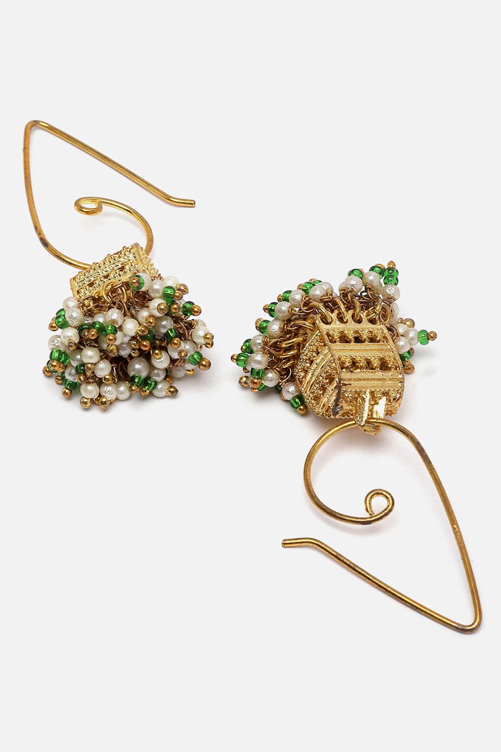 Green And Gold Jhumkas Earring With Pearls And Natural Stones