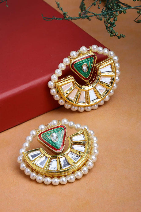 Green And Red Gold-Plated Kundan And Pearls Stud Earring