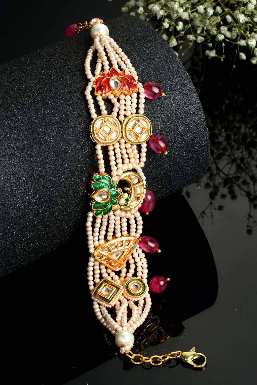 Pink Gold-Plated Kundan And Pearls Bracelet
