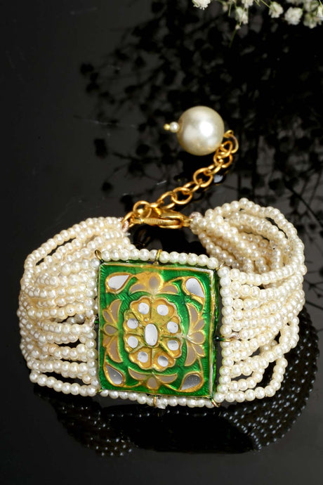 Green And White Gold-Plated Pearls And Ruby Bracelet