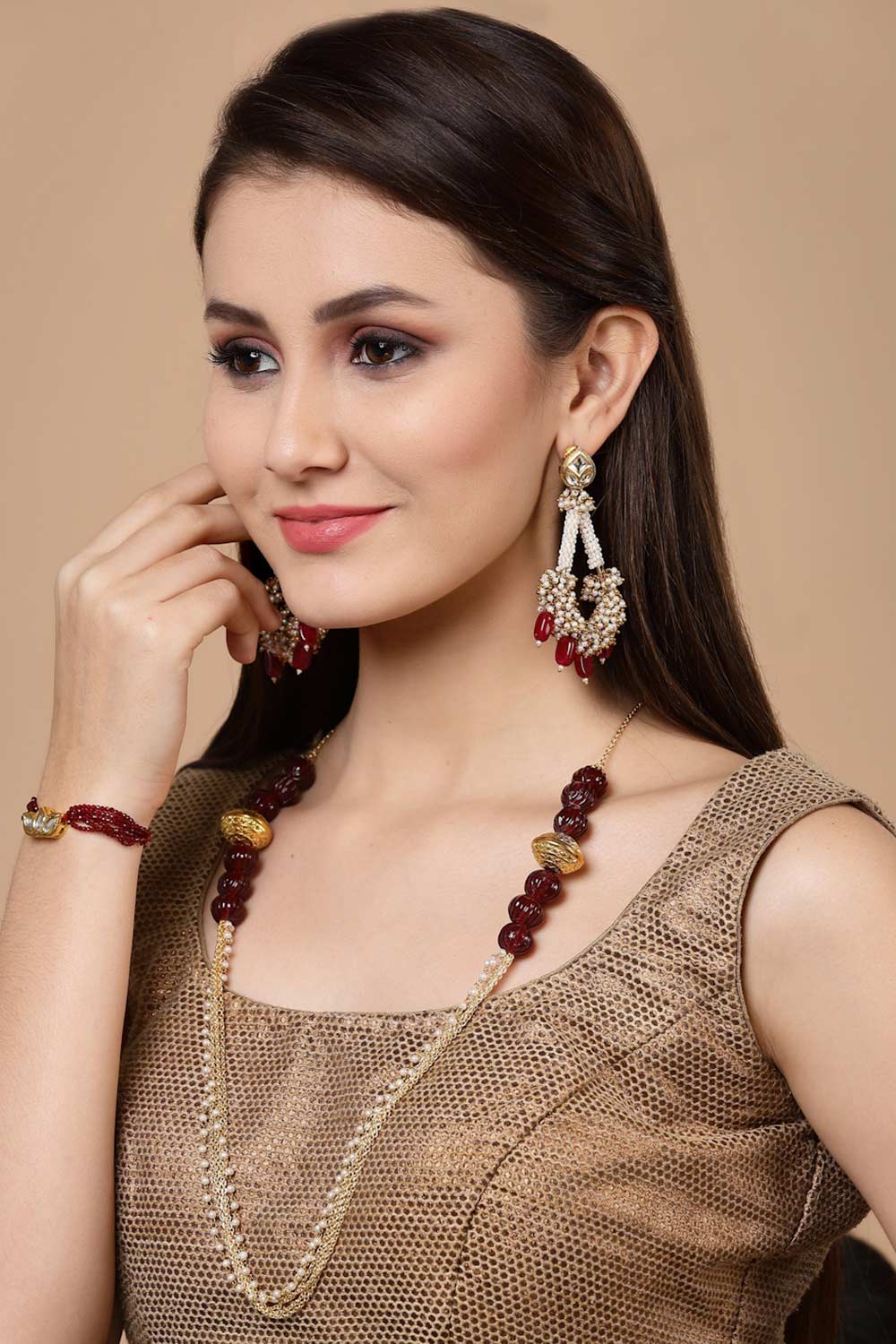Red And Gold Gold-Plated Kundan And Pearls Bracelet