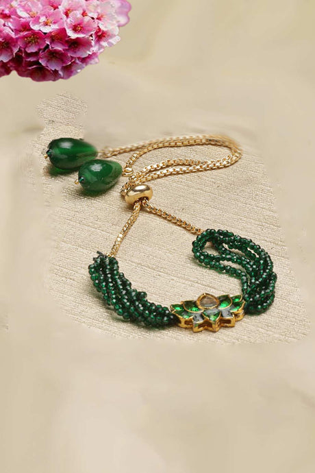 Green And Gold Gold-Plated Kundan And Pearls Bracelet