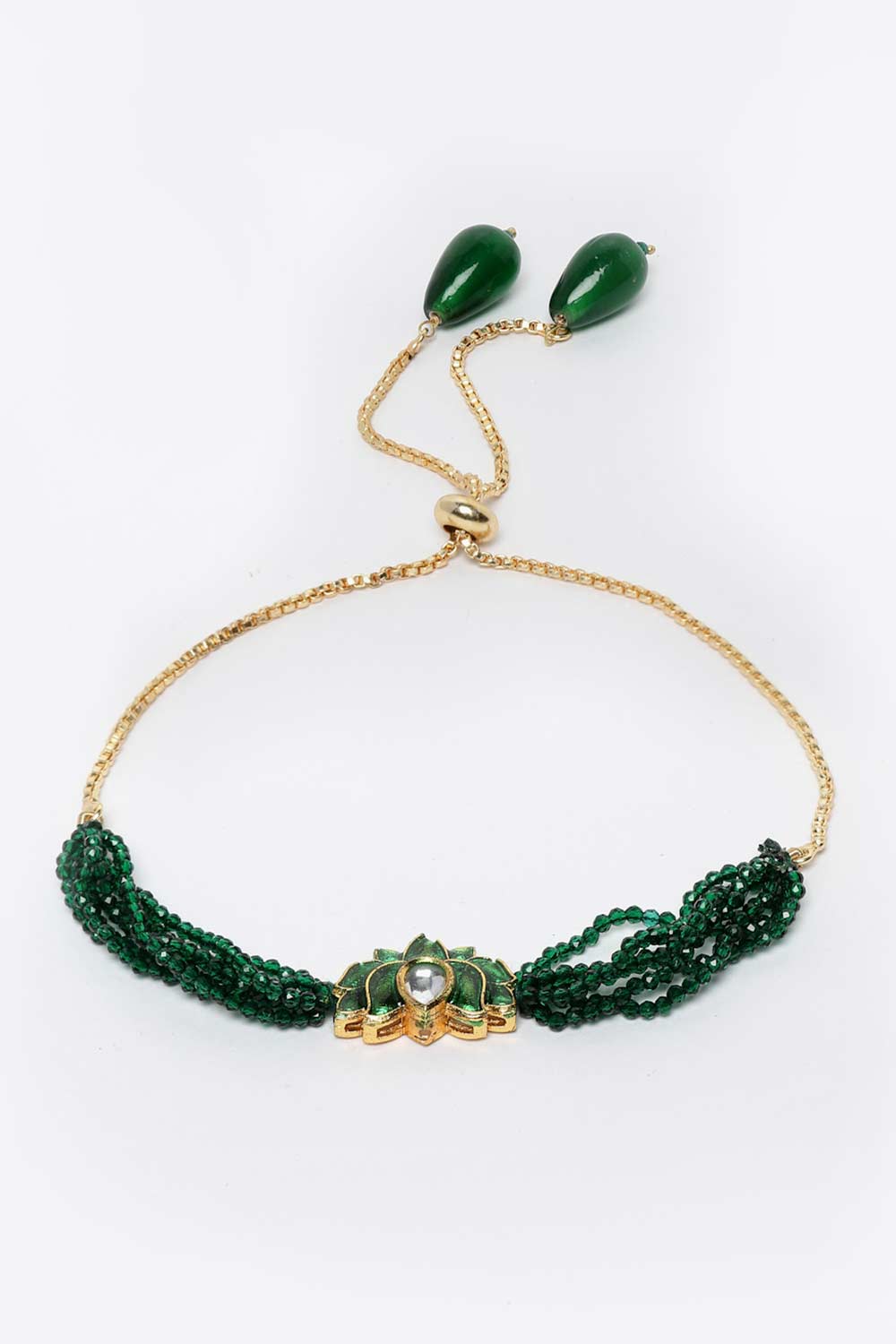 Green And Gold Gold-Plated Kundan And Pearls Bracelet