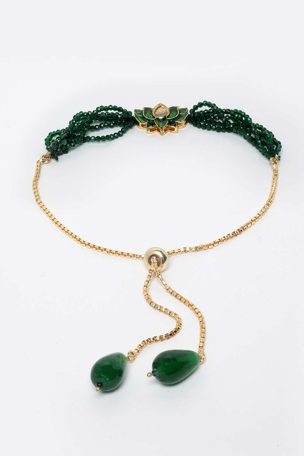 Green And Gold Gold-Plated Kundan And Pearls Bracelet