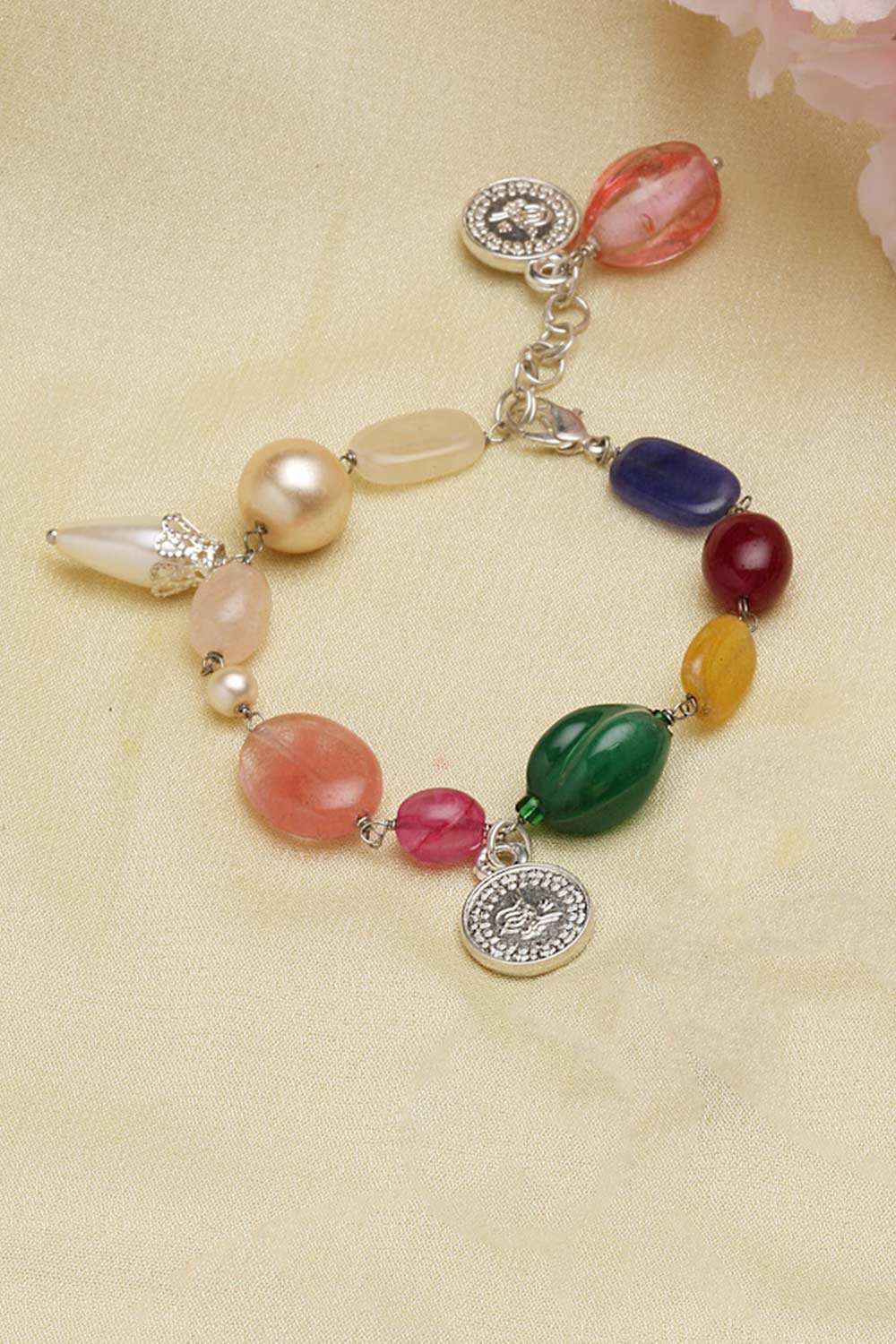 Green And Pink Silver-Plated Pearls And Natural Stones Bracelet