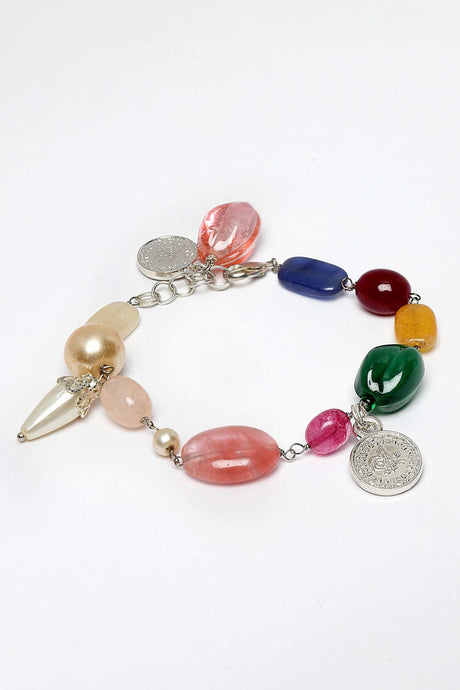 Green And Pink Silver-Plated Pearls And Natural Stones Bracelet