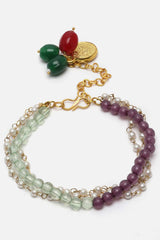 Purple And Green Pearls And Natural Stones Adjustable Bracelet