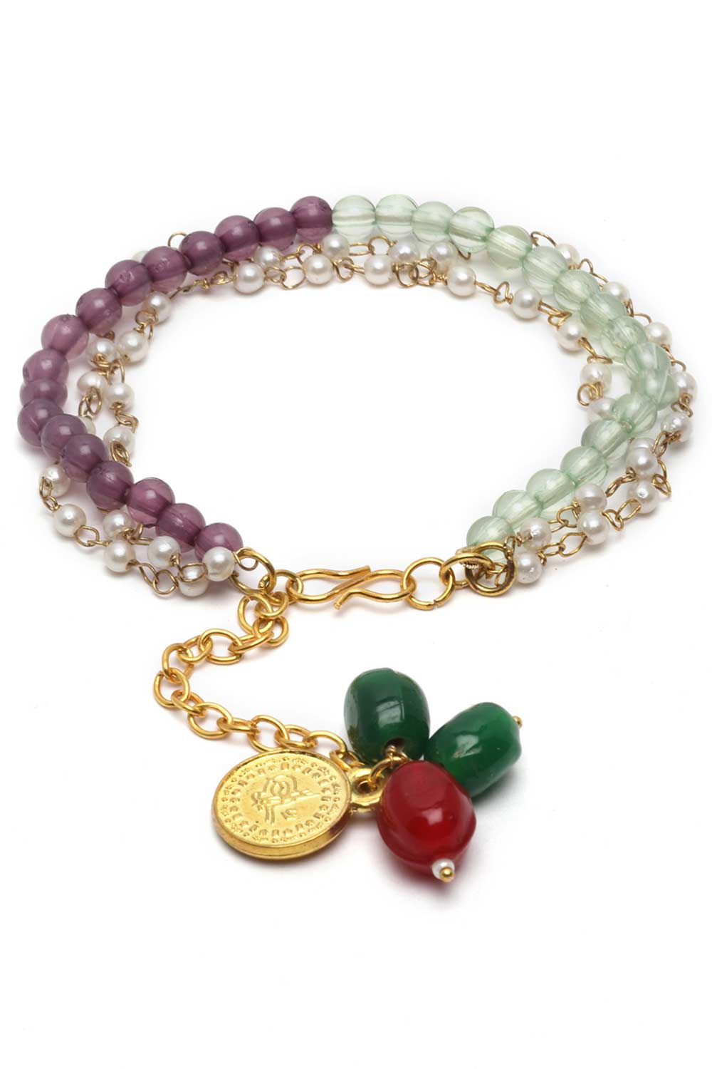 Purple And Green Pearls And Natural Stones Adjustable Bracelet