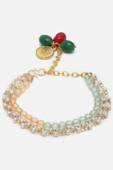 Green And Peach Pearls And Natural Stones Adjustable Bracelet