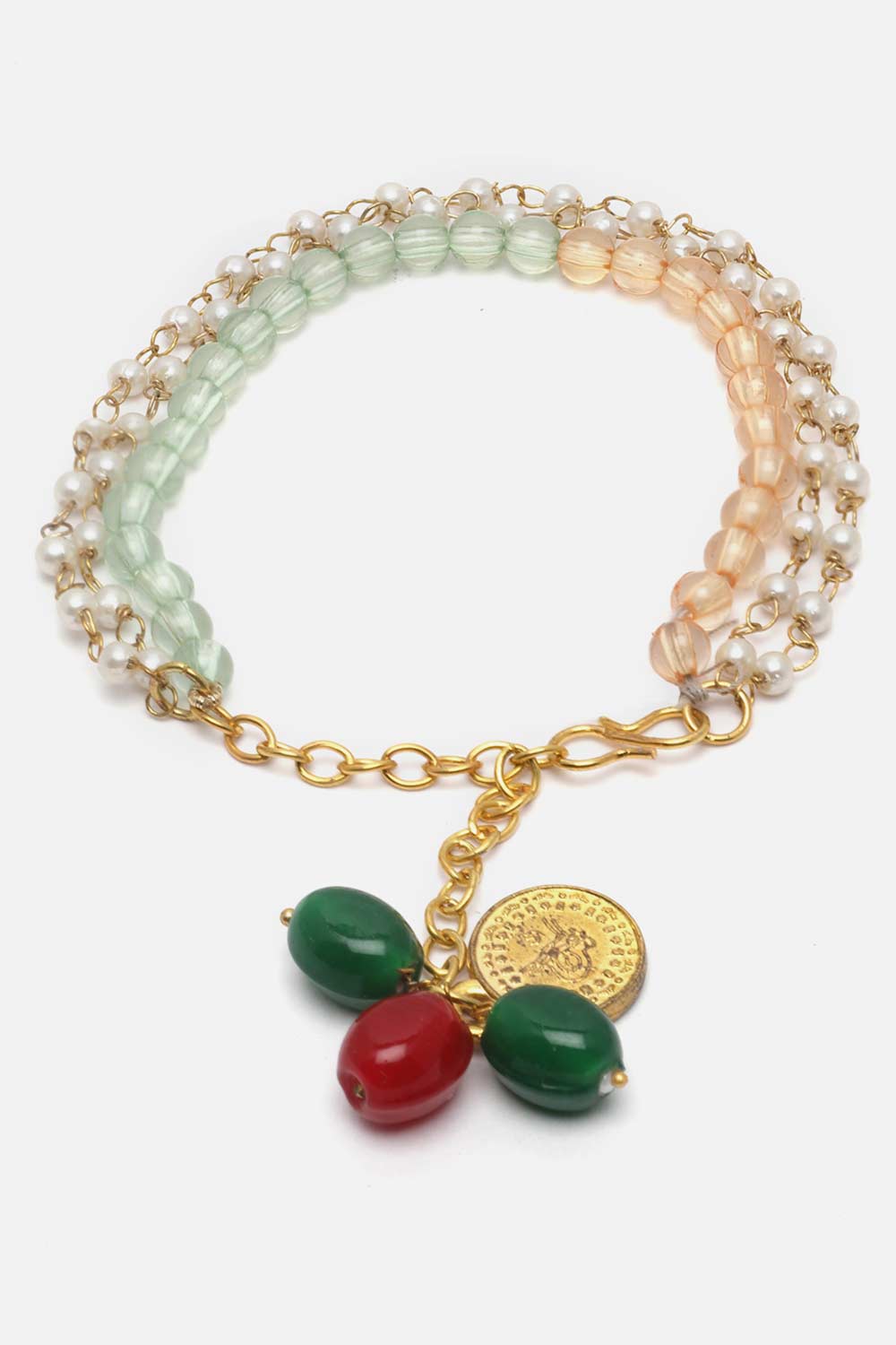 Green And Peach Pearls And Natural Stones Adjustable Bracelet