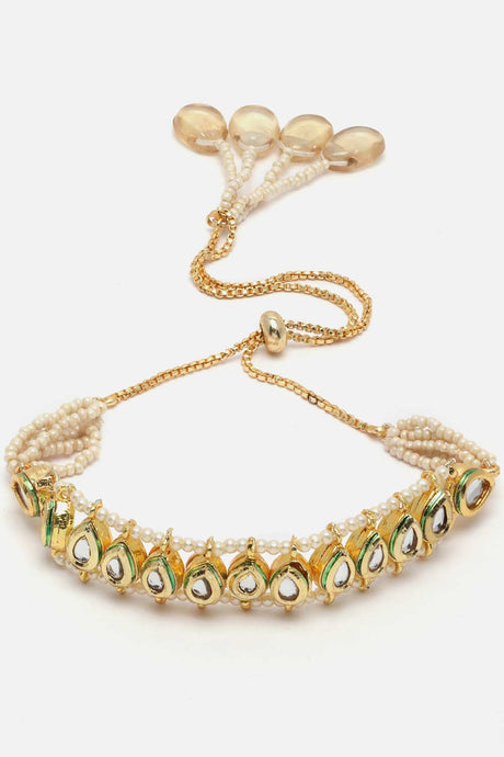 Gold And White Kundan And Pearls Adjustable Bracelet
