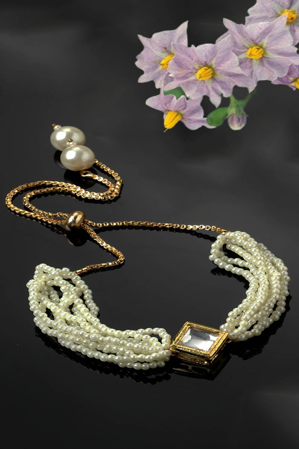 Gold And White Adjustable Bracelet With Kundan And Pearls