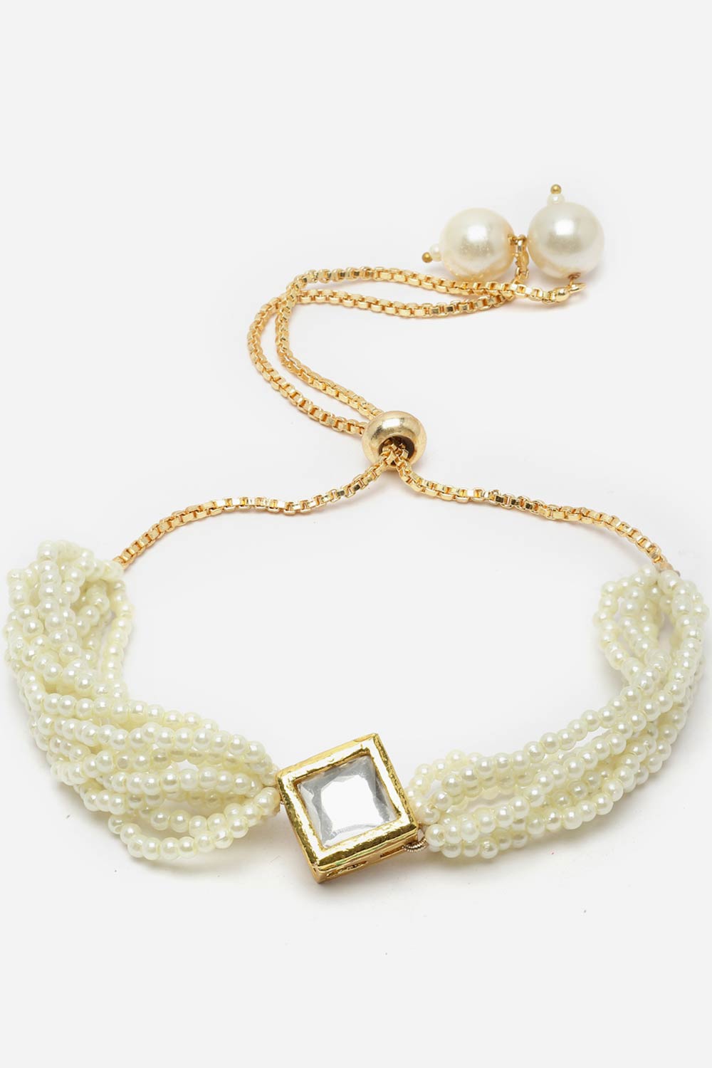 Gold And White Adjustable Bracelet With Kundan And Pearls