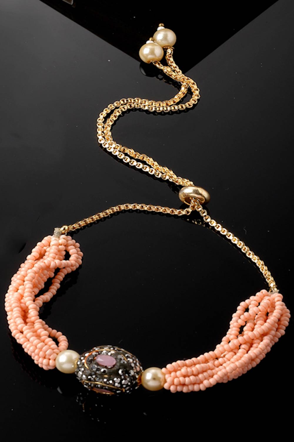 Peach And Black Adjustable Bracelet With Kundan And American Diamond