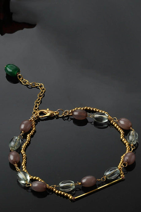Brown And Gold Adjustable Bracelet With Pearls And Natural Stones