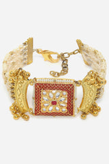 Red And Gold Adjustable Bracelet With Pearls And Natural Stones