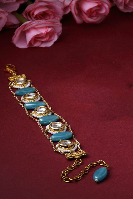 Blue And Gold Adjustable Bracelet With Kundan And Pearls